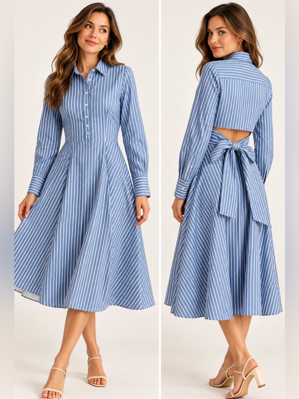 Club Monaco Blue  & White Striped Button-Front Midi Dress with Bow Back